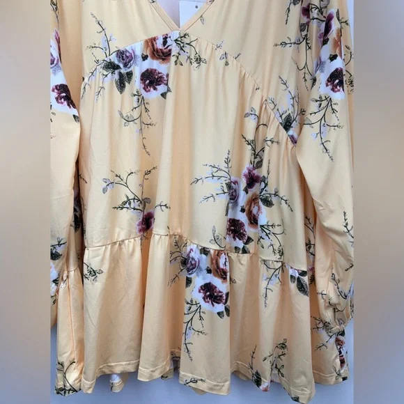 Linjou plus size 4X Women’s Yellow Floral Boho V-neck Long Sleeve Blouse - Picture 3 of 7